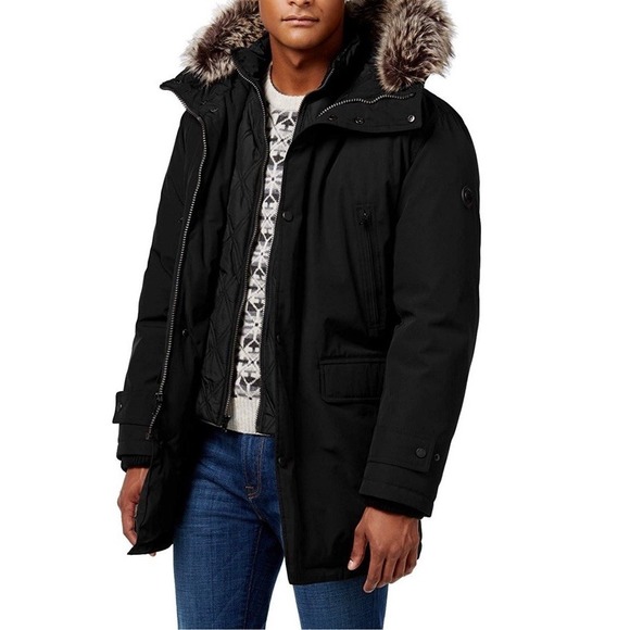 EUC‎ Men Sz L Black Faux Fur Hood Puffer Parka Jacket Winter Warm Coat 121549